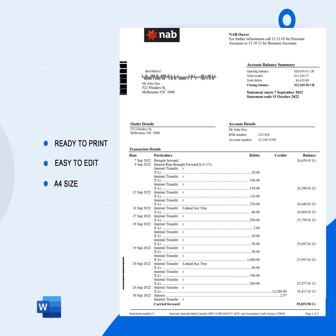 NAB Bank Statement Template Ozoud