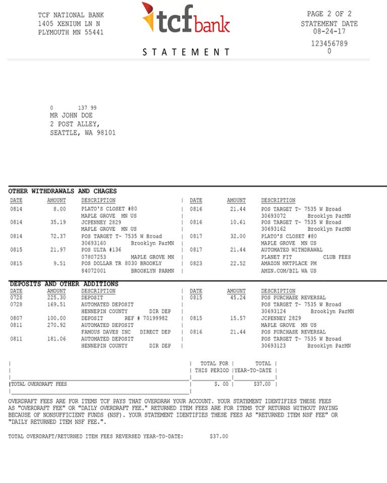 TCF Bank Statement Template Ozoud