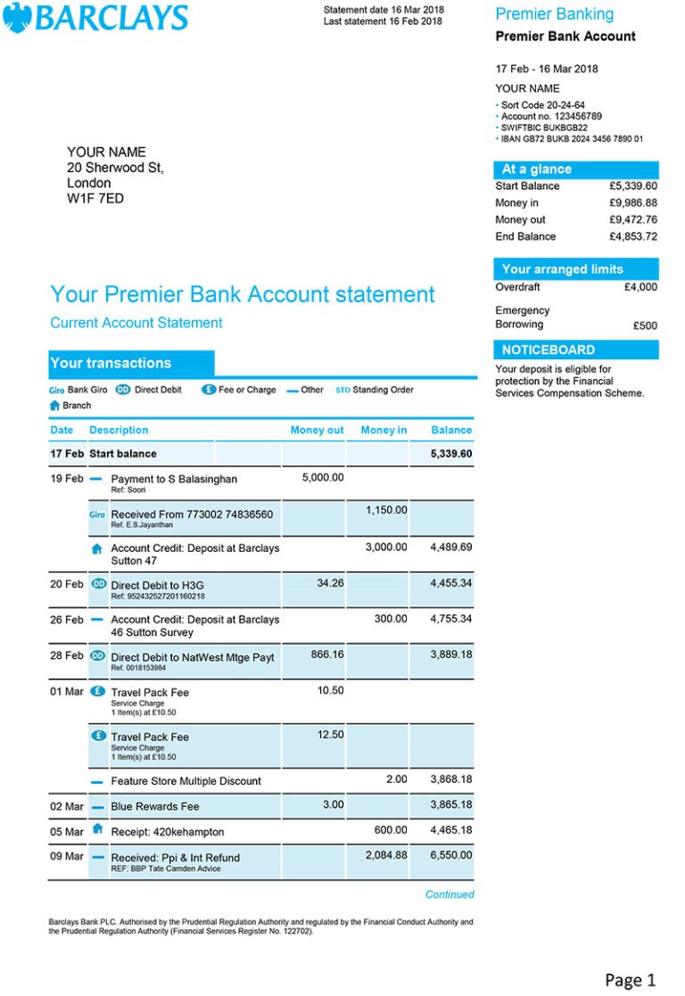 Barclays Bank Statement Template - Ozoud